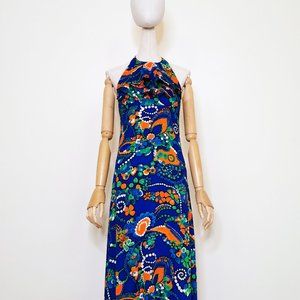 Blue Hawaiian Flounced 70s Halter Maxi Dress